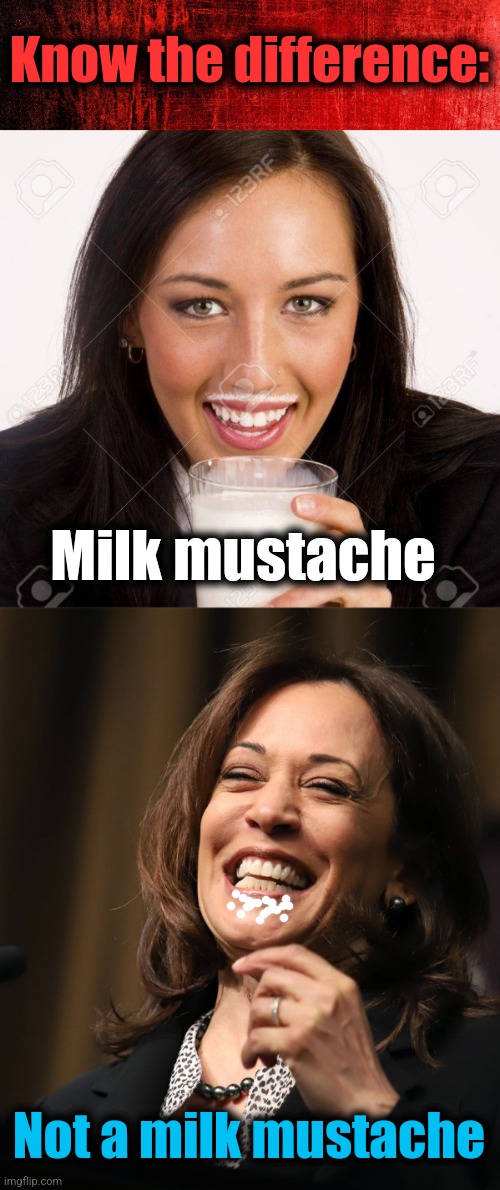 I have been instructed that my previous little art project was erroneous | Know the difference:; Milk mustache; Not a milk mustache | image tagged in kamala harris laughing,milk mustache,democrats,willie brown,memes,know the difference | made w/ Imgflip meme maker