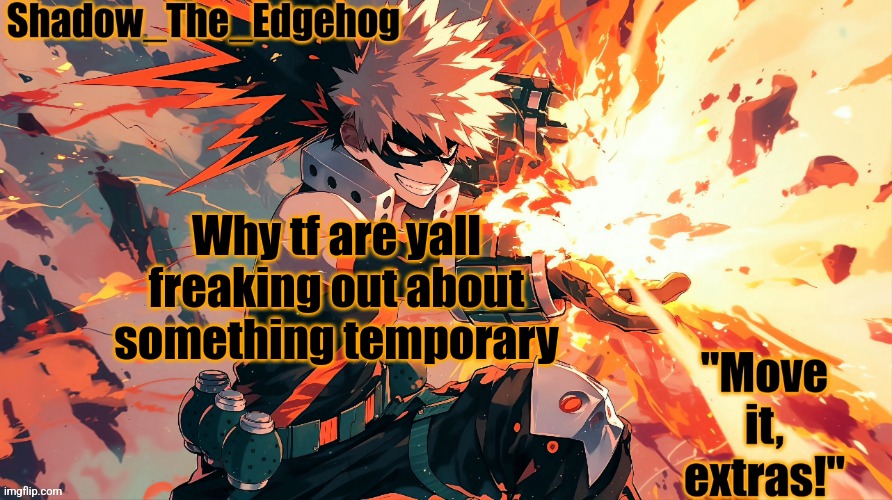 this just proves yall need to go outside for once | Why tf are yall freaking out about something temporary | image tagged in shadow's bakugou template | made w/ Imgflip meme maker