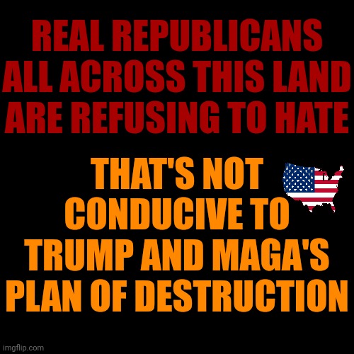 Refuse Maga's Hate | REAL REPUBLICANS ALL ACROSS THIS LAND ARE REFUSING TO HATE; THAT'S NOT CONDUCIVE TO TRUMP AND MAGA'S PLAN OF DESTRUCTION | image tagged in donald trump is a convicted rapist,donald trump is a convicted felon,lock him up,rapist,memes,never trump | made w/ Imgflip meme maker