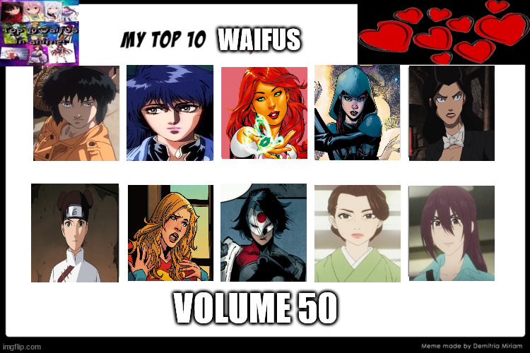 top 10 waifus volume 50 | WAIFUS; VOLUME 50 | image tagged in top 10 waifus,volume,anime,movies,dc comics,waifu | made w/ Imgflip meme maker