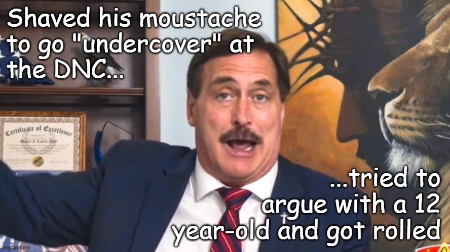 "Today's children don't play that." *OR* "Lindell f'd around and found out" *OR* "You are not smarter than a 6th grader." | Shaved his moustache
to go "undercover" at
the DNC... ...tried to argue with a 12 year-old and got rolled | image tagged in mike lindell is serious,lol,pwned | made w/ Imgflip meme maker