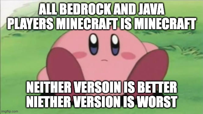 kirby | ALL BEDROCK AND JAVA PLAYERS MINECRAFT IS MINECRAFT; NEITHER VERSOIN IS BETTER NIETHER VERSION IS WORST | image tagged in kirby | made w/ Imgflip meme maker