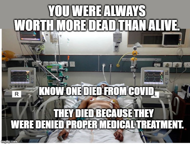 Freedom! Tyranny! Ventilator! Patient! | YOU WERE ALWAYS WORTH MORE DEAD THAN ALIVE. KNOW ONE DIED FROM COVID                                        THEY DIED BECAUSE THEY WERE DENIED PROPER MEDICAL TREATMENT. | image tagged in freedom tyranny ventilator patient | made w/ Imgflip meme maker