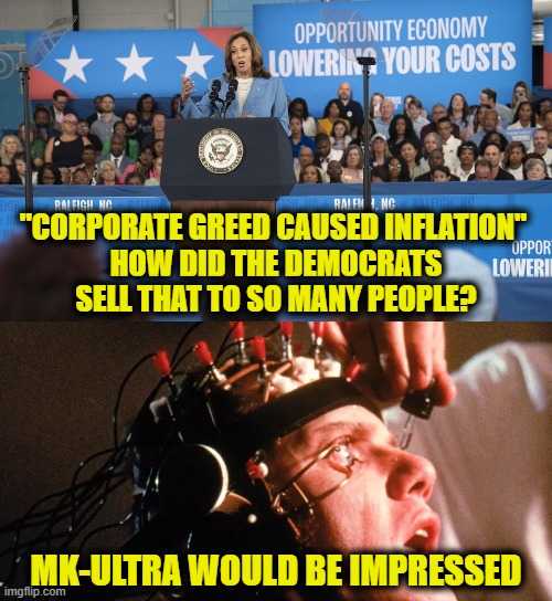 Advanced Brainwashing | "CORPORATE GREED CAUSED INFLATION" 
HOW DID THE DEMOCRATS
SELL THAT TO SO MANY PEOPLE? MK-ULTRA WOULD BE IMPRESSED | image tagged in democrats | made w/ Imgflip meme maker