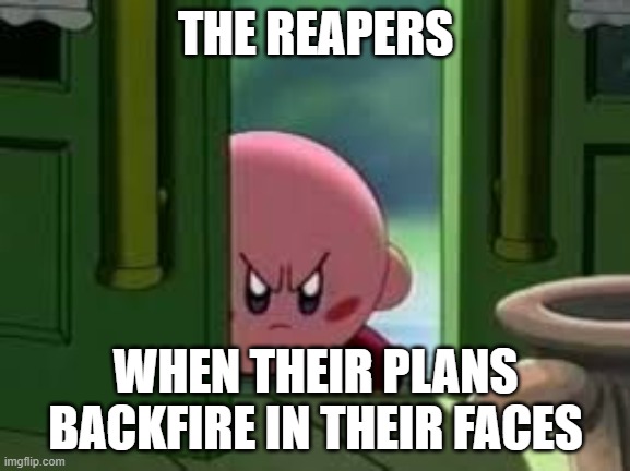Kirby | THE REAPERS; WHEN THEIR PLANS BACKFIRE IN THEIR FACES | image tagged in pissed off kirby | made w/ Imgflip meme maker