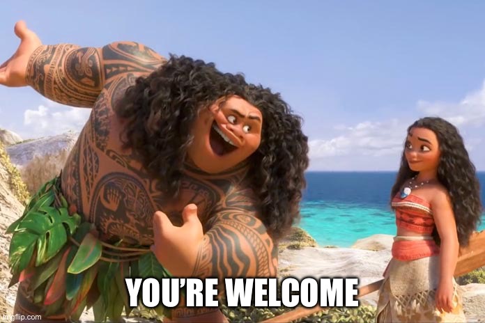 Moana Maui You're Welcome | YOU’RE WELCOME | image tagged in moana maui you're welcome | made w/ Imgflip meme maker