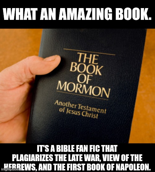 Book Of Mormon | WHAT AN AMAZING BOOK. IT'S A BIBLE FAN FIC THAT PLAGIARIZES THE LATE WAR, VIEW OF THE HEBREWS, AND THE FIRST BOOK OF NAPOLEON. | image tagged in book of mormon | made w/ Imgflip meme maker