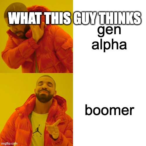 gen alpha boomer WHAT THIS GUY THINKS | image tagged in memes,drake hotline bling | made w/ Imgflip meme maker