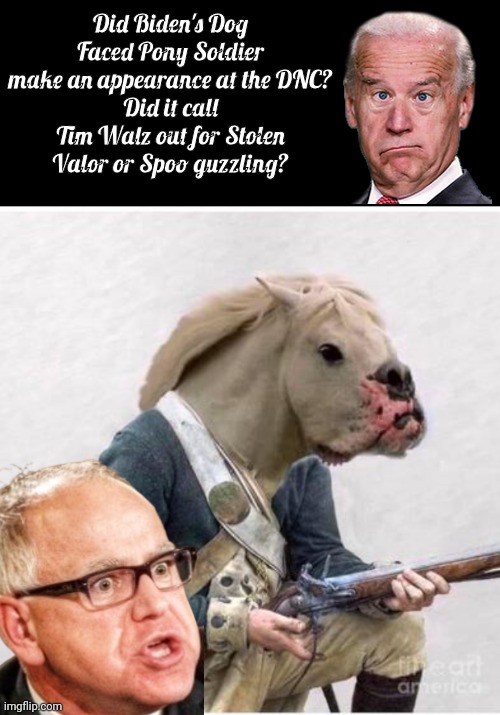 Tim Walz and the dog face pony soldier | Did Biden's Dog Faced Pony Soldier make an appearance at the DNC?
Did it call Tim Walz out for Stolen Valor or Spoo guzzling? | image tagged in black box,dog faced pony soldier,tim and eric | made w/ Imgflip meme maker