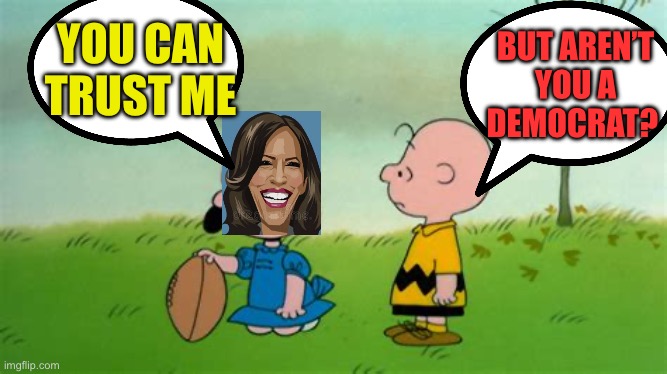 Fool me once, shame on me. Fool me 15 million times, must be Democrats | BUT AREN’T YOU A DEMOCRAT? YOU CAN TRUST ME | image tagged in charlie brown football,democrats,kamala harris,fools | made w/ Imgflip meme maker