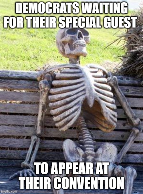 Waiting Skeleton | DEMOCRATS WAITING FOR THEIR SPECIAL GUEST; TO APPEAR AT THEIR CONVENTION | image tagged in memes,waiting skeleton | made w/ Imgflip meme maker