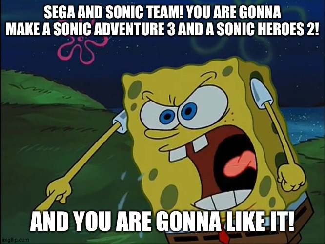 Sega and Sonic team,make them happen ASAP! | SEGA AND SONIC TEAM! YOU ARE GONNA MAKE A SONIC ADVENTURE 3 AND A SONIC HEROES 2! AND YOU ARE GONNA LIKE IT! | image tagged in you are gonna like it,sega,sonic the hedgehog | made w/ Imgflip meme maker