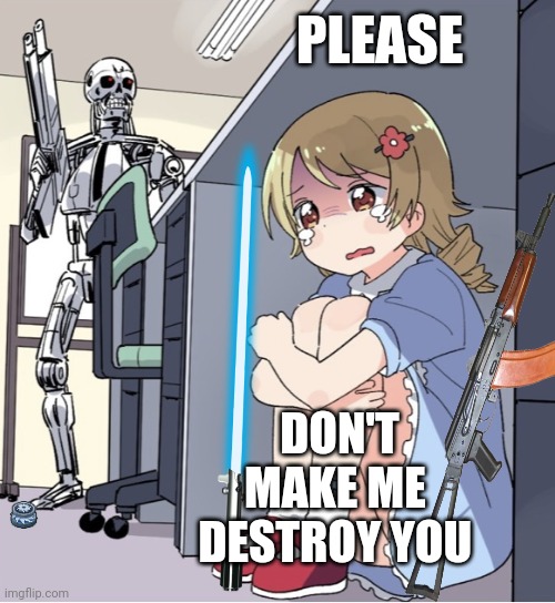 Terminator Hiding From Little Girl | PLEASE; DON'T MAKE ME 
DESTROY YOU | image tagged in anime girl hiding from terminator,terminator,please,destruction,destroy | made w/ Imgflip meme maker