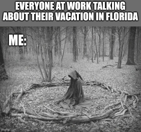 I WENT "INTO" THE FOREST | EVERYONE AT WORK TALKING ABOUT THEIR VACATION IN FLORIDA; ME: | image tagged in forest,woods,trees,pagan | made w/ Imgflip meme maker