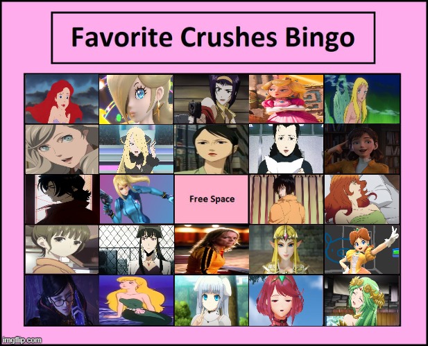 favorite crushes bingo | image tagged in favorite crushes bingo,anime,video games,cartoons,movies,female | made w/ Imgflip meme maker