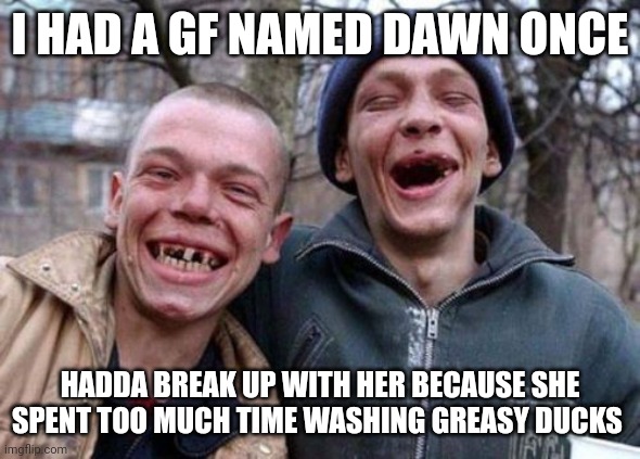 Ugly Twins | I HAD A GF NAMED DAWN ONCE; HADDA BREAK UP WITH HER BECAUSE SHE SPENT TOO MUCH TIME WASHING GREASY DUCKS | image tagged in memes,ugly twins | made w/ Imgflip meme maker