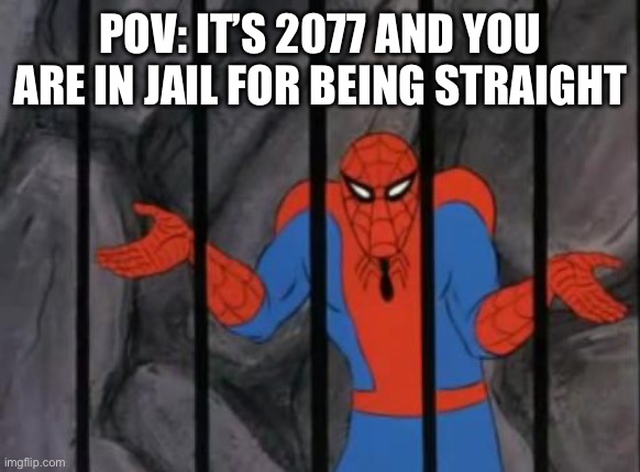 spiderman jail | POV: IT’S 2077 AND YOU ARE IN JAIL FOR BEING STRAIGHT | image tagged in spiderman jail | made w/ Imgflip meme maker