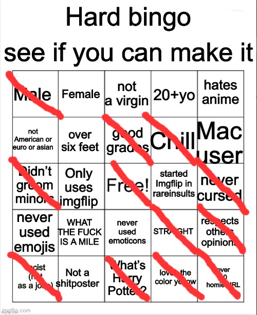Hard Bingo by OwU | image tagged in hard bingo by owu | made w/ Imgflip meme maker