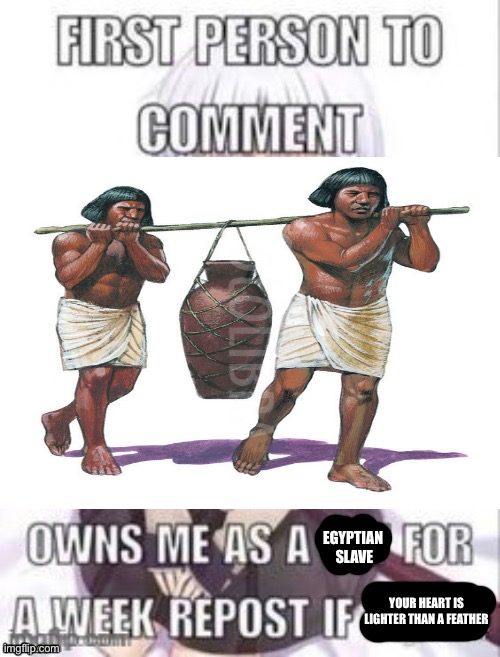 first person to comment owns as a pet for a week | EGYPTIAN 
SLAVE; YOUR HEART IS LIGHTER THAN A FEATHER | image tagged in first person to comment owns as a pet for a week | made w/ Imgflip meme maker