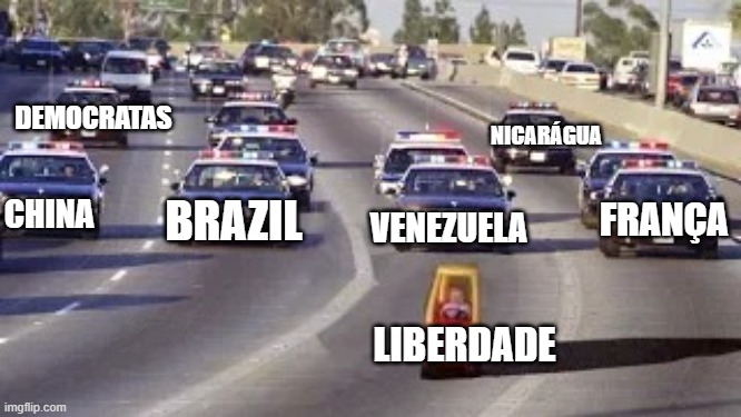 Cop chase | DEMOCRATAS; NICARÁGUA; CHINA; BRAZIL; FRANÇA; VENEZUELA; LIBERDADE | image tagged in cop chase | made w/ Imgflip meme maker