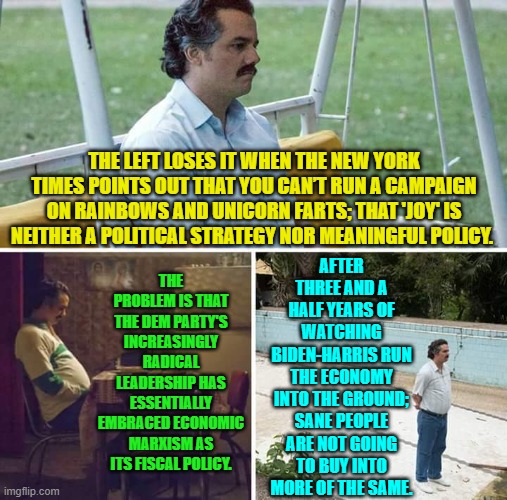 Pssst . . . people cannot EAT joy or use it to buy fuel for their car in order to go to work. | AFTER THREE AND A HALF YEARS OF WATCHING BIDEN-HARRIS RUN THE ECONOMY INTO THE GROUND; SANE PEOPLE ARE NOT GOING TO BUY INTO MORE OF THE SAME. THE LEFT LOSES IT WHEN THE NEW YORK TIMES POINTS OUT THAT YOU CAN’T RUN A CAMPAIGN ON RAINBOWS AND UNICORN FARTS; THAT 'JOY' IS NEITHER A POLITICAL STRATEGY NOR MEANINGFUL POLICY. THE PROBLEM IS THAT THE DEM PARTY'S INCREASINGLY RADICAL LEADERSHIP HAS ESSENTIALLY EMBRACED ECONOMIC MARXISM AS ITS FISCAL POLICY. | image tagged in sad pablo escobar | made w/ Imgflip meme maker