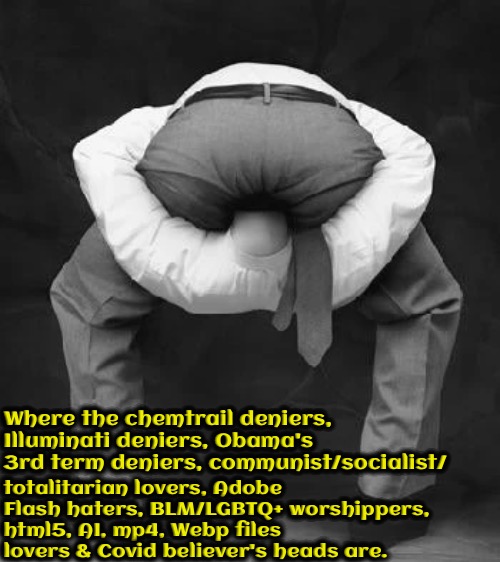 Head Up Butt | Where the chemtrail deniers, Illuminati deniers, Obama's 3rd term deniers, communist/socialist/; totalitarian lovers, Adobe Flash haters, BLM/LGBTQ+ worshippers, html5, AI, mp4, Webp files lovers & Covid believer's heads are. | image tagged in head in butt,useful idiots,brainwashed,conspiracy theories,wake up,illuminatools | made w/ Imgflip meme maker