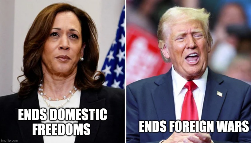 Harris vs Trump | ENDS FOREIGN WARS; ENDS DOMESTIC FREEDOMS | image tagged in harris vs trump | made w/ Imgflip meme maker