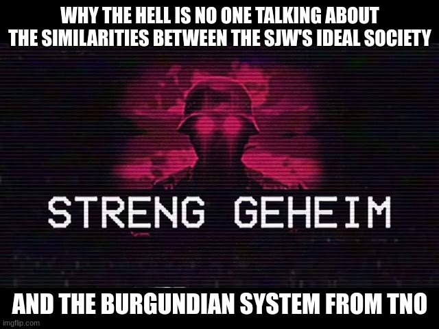 the similarities scare me.... | WHY THE HELL IS NO ONE TALKING ABOUT THE SIMILARITIES BETWEEN THE SJW'S IDEAL SOCIETY; AND THE BURGUNDIAN SYSTEM FROM TNO | image tagged in ___streng geheim___,im scared,i see dead people | made w/ Imgflip meme maker