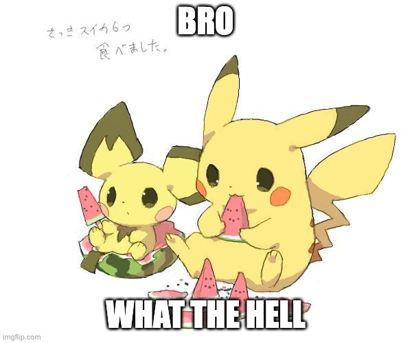 BRO WHAT THE HELL | image tagged in pichu and pikachu eating watermelons | made w/ Imgflip meme maker