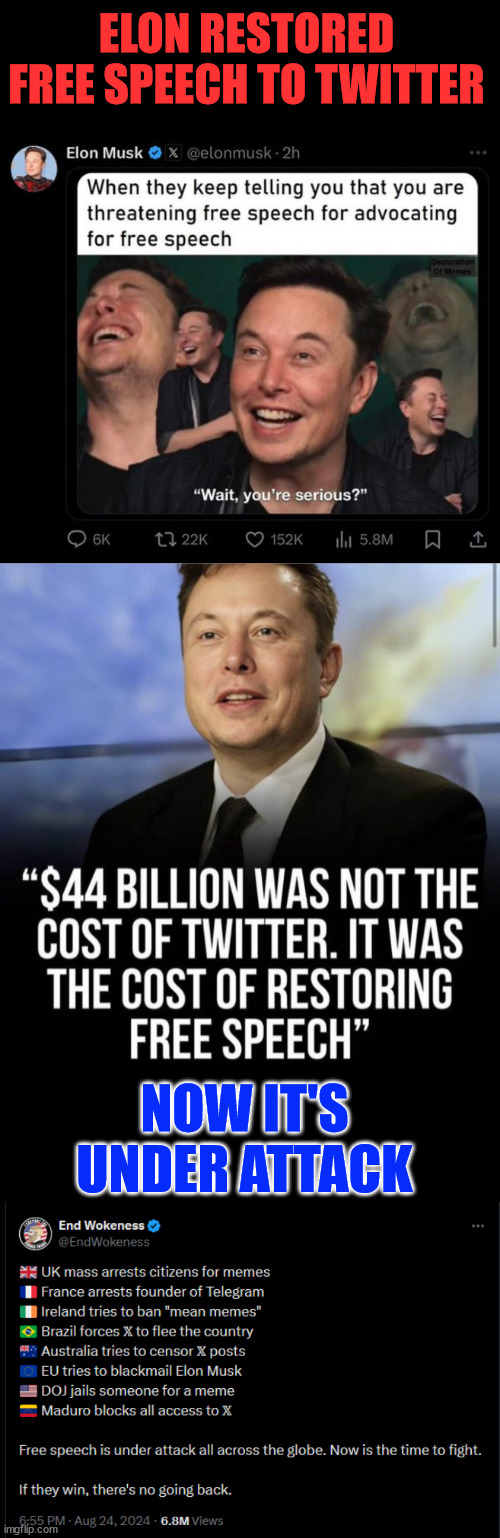 Globalist want to ban free speech... | ELON RESTORED FREE SPEECH TO TWITTER; NOW IT'S UNDER ATTACK | image tagged in globalists,hate,free speech | made w/ Imgflip meme maker