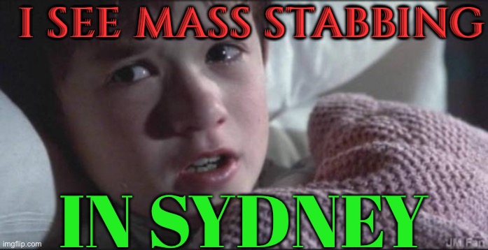 Sydney mass stabbing | I SEE MASS STABBING; IN SYDNEY | image tagged in i see dead people,meanwhile in australia,breaking news,australians,murder,we live in a society | made w/ Imgflip meme maker