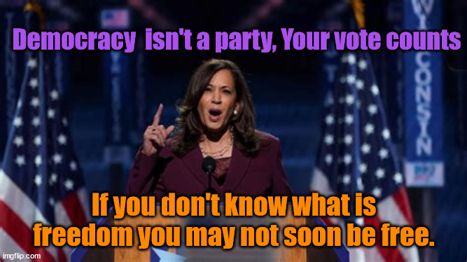 FREEDOM Kamala | Democracy  isn't a party, Your vote counts; If you don't know what is freedom you may not soon be free. | image tagged in freedom,fascists,propaganda,antichist,maga minority,harris accepts nomination | made w/ Imgflip meme maker