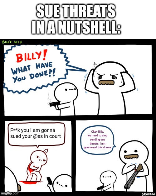 Billy, What Have You Done | SUE THREATS IN A NUTSHELL:; F**k you I am gonna sued your @ss in court; Okay Billy, we need to stop sending sue threats. I am gonna end this drama | image tagged in billy what have you done,internet,sue threats,meme,drama,in a nutshell | made w/ Imgflip meme maker