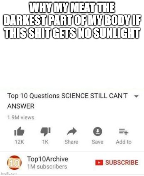 Top 10 questions Science still can't answer | WHY MY MEAT THE DARKEST PART OF MY BODY IF THIS SHIT GETS NO SUNLIGHT | image tagged in top 10 questions science still can't answer | made w/ Imgflip meme maker