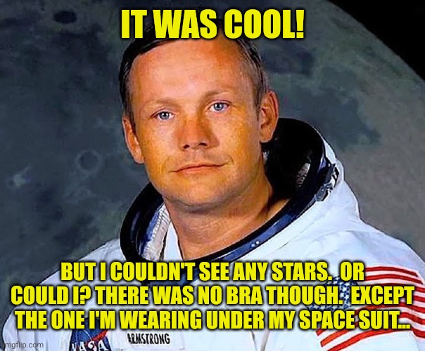 Neil Armstrong | IT WAS COOL! BUT I COULDN'T SEE ANY STARS.  OR COULD I? THERE WAS NO BRA THOUGH.  EXCEPT THE ONE I'M WEARING UNDER MY SPACE SUIT... | image tagged in neil armstrong | made w/ Imgflip meme maker