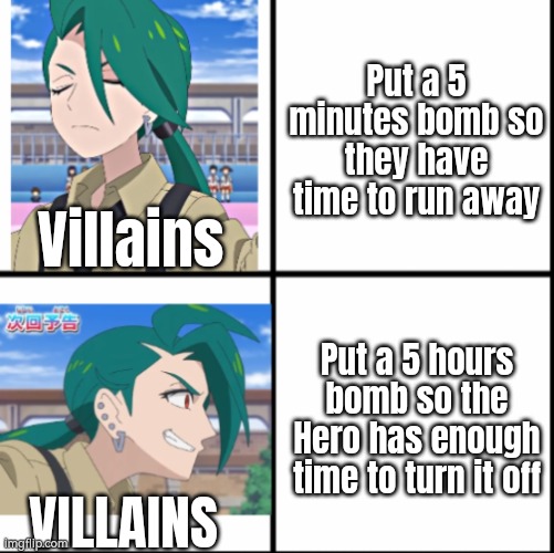 And then later the Villains wondering how the Hero manage to turn the bomb off. | Put a 5 minutes bomb so they have time to run away; Villains; Put a 5 hours bomb so the Hero has enough time to turn it off; VILLAINS | image tagged in funny,villains,bomb | made w/ Imgflip meme maker