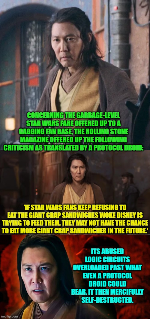 Remember when the Rolling Stone was not just an ideological tool of the insane Dem Party? | CONCERNING THE GARBAGE-LEVEL STAR WARS FARE OFFERED UP TO A GAGGING FAN BASE, THE ROLLING STONE MAGAZINE OFFERED UP THE FOLLOWING CRITICISM AS TRANSLATED BY A PROTOCOL DROID:; 'IF STAR WARS FANS KEEP REFUSING TO EAT THE GIANT CRAP SANDWICHES WOKE DISNEY IS TRYING TO FEED THEM, THEY MAY NOT HAVE THE CHANCE TO EAT MORE GIANT CRAP SANDWICHES IN THE FUTURE.'; ITS ABUSED LOGIC CIRCUITS OVERLOADED PAST WHAT EVEN A PROTOCOL DROID COULD BEAR, IT THEN MERCIFULLY SELF-DESTRUCTED. | image tagged in fathers,wholesome | made w/ Imgflip meme maker