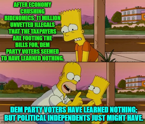 Remember that you can never fool all of the people ALL of the time . . . aside from Dem Party voters. | AFTER ECONOMY CRUSHING BIDENOMICS; 11 MILLION UNVETTED ILLEGALS THAT THE TAXPAYERS ARE FOOTING THE BILLS FOR, DEM PARTY VOTERS SEEMED TO HAVE LEARNED NOTHING. DEM PARTY VOTERS HAVE LEARNED NOTHING; BUT POLITICAL INDEPENDENTS JUST MIGHT HAVE. | image tagged in simpsons so far | made w/ Imgflip meme maker