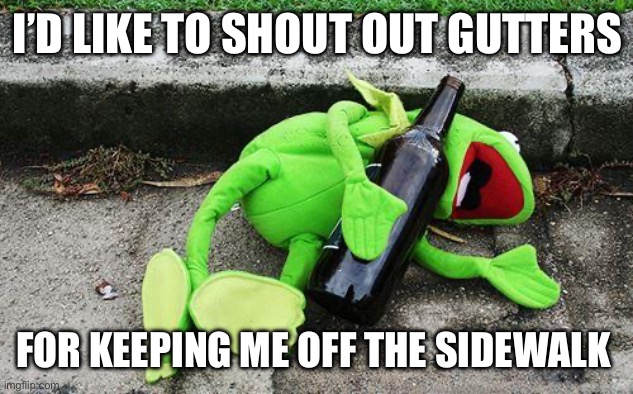 Drunk Kermit | I’D LIKE TO SHOUT OUT GUTTERS FOR KEEPING ME OFF THE SIDEWALK | image tagged in drunk kermit | made w/ Imgflip meme maker