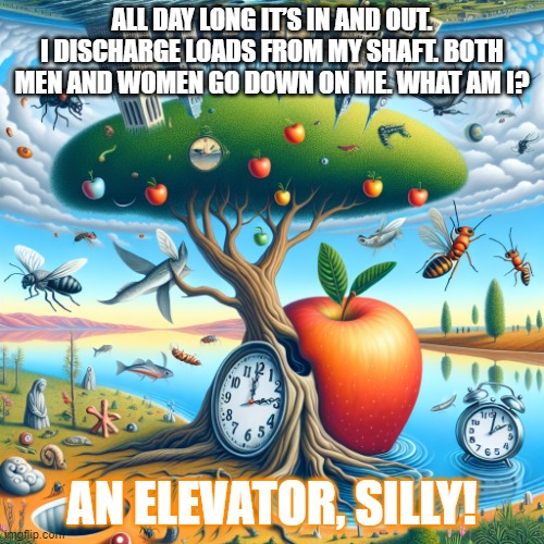 Surreal 2 | ALL DAY LONG IT’S IN AND OUT. I DISCHARGE LOADS FROM MY SHAFT. BOTH MEN AND WOMEN GO DOWN ON ME. WHAT AM I? AN ELEVATOR, SILLY! | image tagged in surreal 2 | made w/ Imgflip meme maker