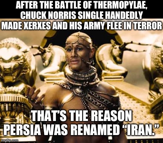 Xerxes | AFTER THE BATTLE OF THERMOPYLAE, CHUCK NORRIS SINGLE HANDEDLY MADE XERXES AND HIS ARMY FLEE IN TERROR; THAT’S THE REASON PERSIA WAS RENAMED “IRAN.” | image tagged in xerxes | made w/ Imgflip meme maker