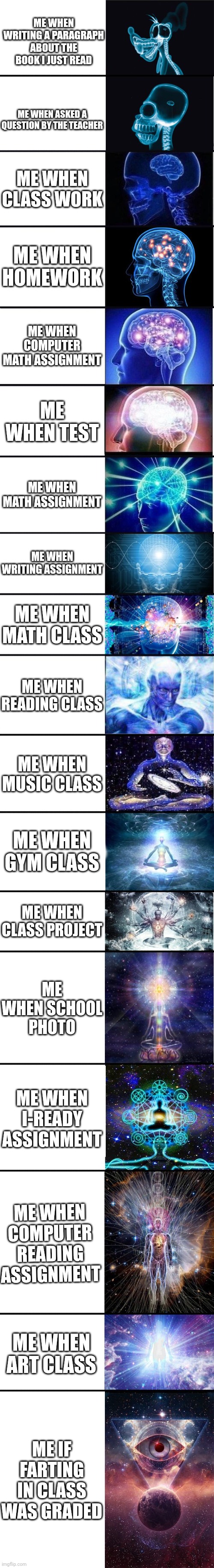 school from the eyes of Memulus | ME WHEN WRITING A PARAGRAPH ABOUT THE BOOK I JUST READ; ME WHEN ASKED A QUESTION BY THE TEACHER; ME WHEN CLASS WORK; ME WHEN HOMEWORK; ME WHEN COMPUTER MATH ASSIGNMENT; ME WHEN TEST; ME WHEN MATH ASSIGNMENT; ME WHEN WRITING ASSIGNMENT; ME WHEN MATH CLASS; ME WHEN READING CLASS; ME WHEN MUSIC CLASS; ME WHEN GYM CLASS; ME WHEN CLASS PROJECT; ME WHEN SCHOOL PHOTO; ME WHEN I-READY ASSIGNMENT; ME WHEN COMPUTER READING ASSIGNMENT; ME WHEN ART CLASS; ME IF FARTING IN CLASS WAS GRADED | image tagged in expanding brain 9001,school,stuff | made w/ Imgflip meme maker