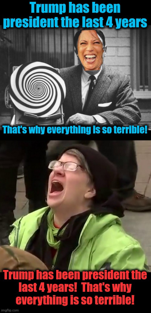 New orders from lib central: Trump is the incumbent president! | Trump has been president the last 4 years; That's why everything is so terrible! Trump has been president the
last 4 years!  That's why
everything is so terrible! | image tagged in hypnotist,crying liberal,memes,democrats,trump is president,sheeple | made w/ Imgflip meme maker