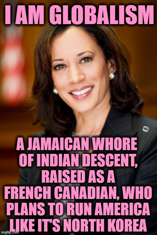 Kamala Harris | I AM GLOBALISM; A JAMAICAN WHORE 
OF INDIAN DESCENT, RAISED AS A FRENCH CANADIAN, WHO PLANS TO RUN AMERICA LIKE IT'S NORTH KOREA | image tagged in kamala harris | made w/ Imgflip meme maker