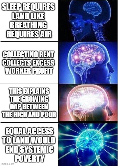 Brains Awaken | SLEEP REQUIRES 
LAND LIKE 
BREATHING 
REQUIRES AIR; COLLECTING RENT 
COLLECTS EXCESS 
WORKER PROFIT; THIS EXPLAINS THE GROWING GAP BETWEEN THE RICH AND POOR; EQUAL ACCESS 
TO LAND WOULD 
END SYSTEMIC
POVERTY | image tagged in economics,poverty,homeless,wages,democrats,republicans | made w/ Imgflip meme maker