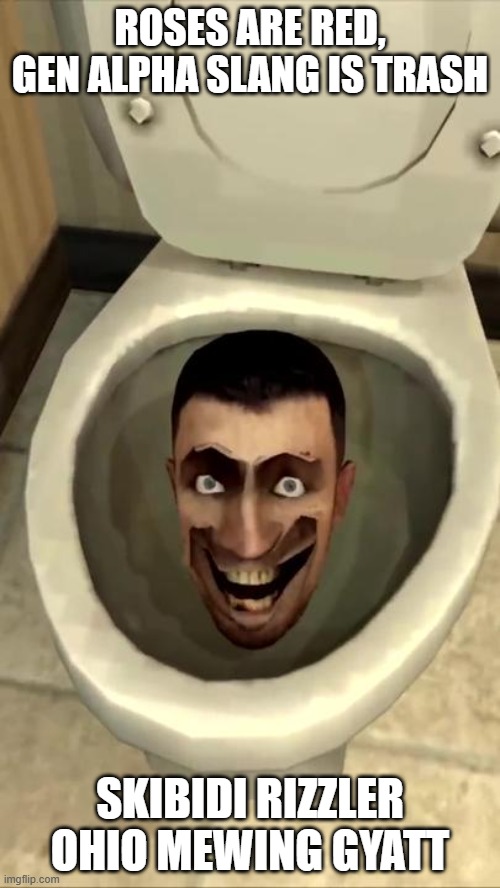 Skibidi toilet | ROSES ARE RED, GEN ALPHA SLANG IS TRASH; SKIBIDI RIZZLER OHIO MEWING GYATT | image tagged in skibidi toilet | made w/ Imgflip meme maker