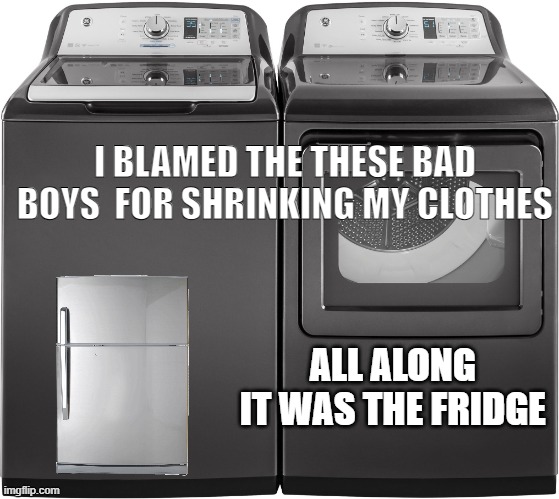 Heavy Duty Washer and Dryer | I BLAMED THE THESE BAD BOYS  FOR SHRINKING MY CLOTHES; ALL ALONG 
IT WAS THE FRIDGE | image tagged in heavy duty washer and dryer | made w/ Imgflip meme maker