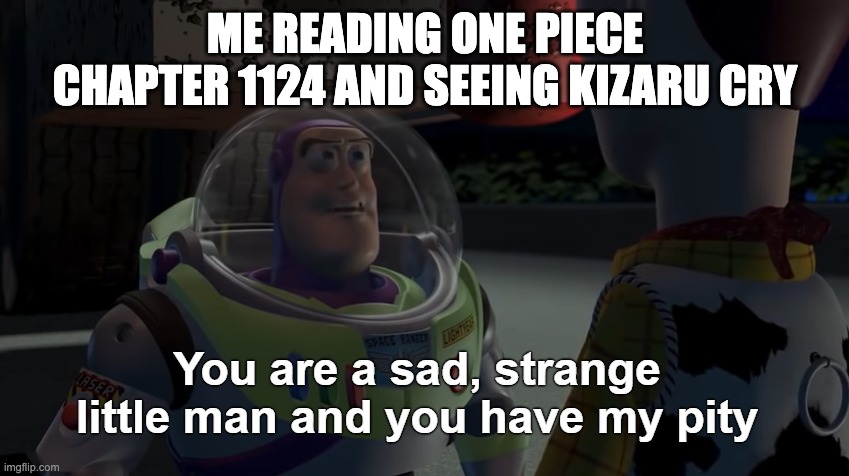 Kizaru crying caught me completely off guard ngl | ME READING ONE PIECE CHAPTER 1124 AND SEEING KIZARU CRY | image tagged in you are a sad strange little man and you have my pity | made w/ Imgflip meme maker