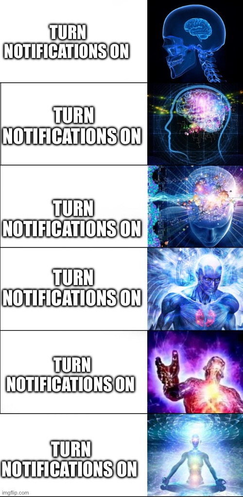 Notifications on | TURN NOTIFICATIONS ON; TURN NOTIFICATIONS ON; TURN NOTIFICATIONS ON; TURN NOTIFICATIONS ON; TURN NOTIFICATIONS ON; TURN NOTIFICATIONS ON | image tagged in expanding brain | made w/ Imgflip meme maker