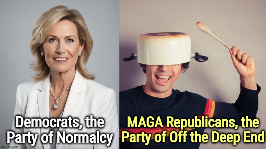 You can always leave MAGA. We won't tell. | MAGA Republicans, the Party of Off the Deep End; Democrats, the Party of Normalcy | image tagged in democrats,normal,maga,republicans,crazy,nuts | made w/ Imgflip meme maker